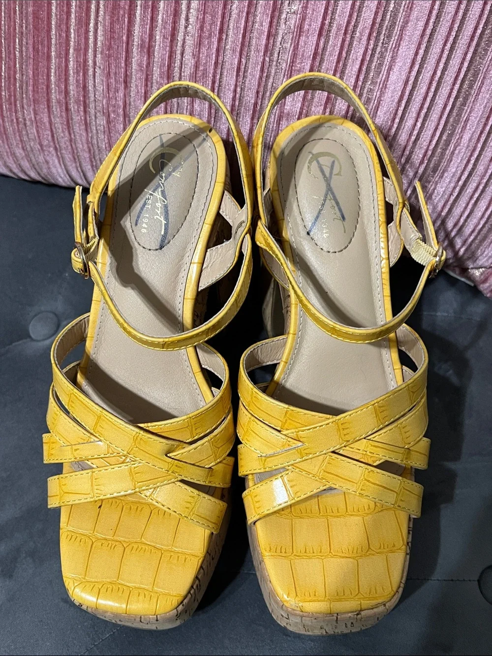 Yellow Platform Sandals with Cork Heel - Women